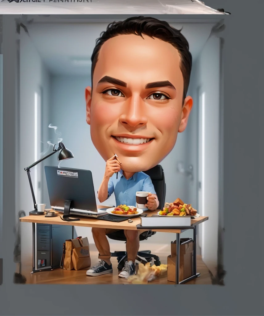 cartoon man sitting at a desk with a laptop and a plate of food,Holding a smoking cigarette and hot coffee, caricature illustration, caricature style, cartoon portrait, caricature!!!, cartoon digital painting, in cartoon style, nft portrait, digital art cartoon, cartoon digital art, digital cartoon painting art, detailed portrait, caricature, 3 d artist, for hire 3d artist, proffesional illustration