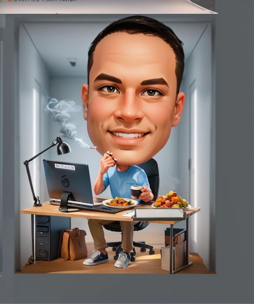 cartoon man sitting at a desk with a laptop and a plate of food,Holding a smoking cigarette and hot coffee, caricature illustration, caricature style, cartoon portrait, caricature!!!, cartoon digital painting, in cartoon style, nft portrait, digital art cartoon, cartoon digital art, digital cartoon painting art, detailed portrait, caricature, 3 d artist, for hire 3d artist, proffesional illustration