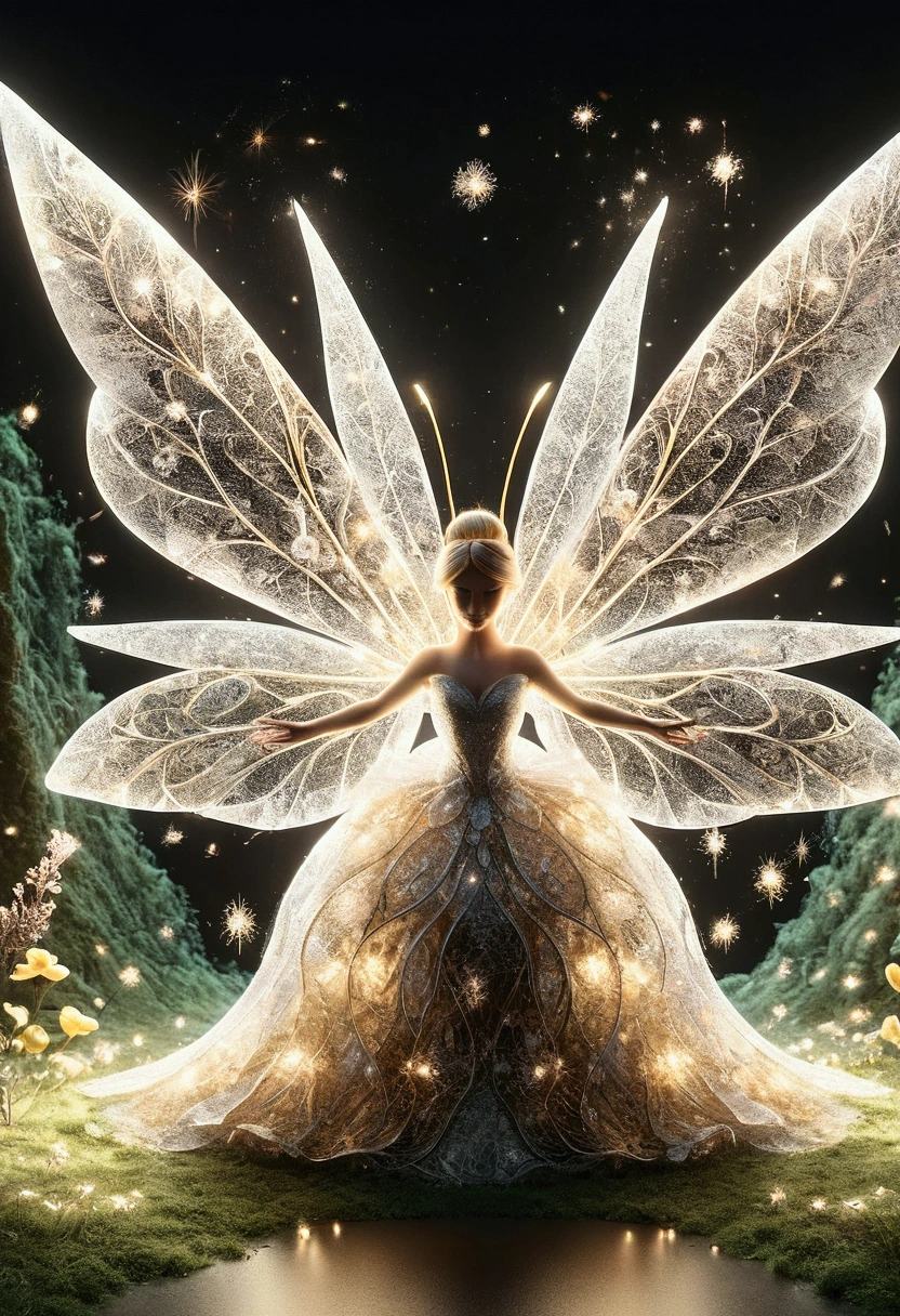 Tinkerbell made of gold, A variety of small flowers and plants made of light, Ultrafine particles shining in the air_Tinkerbell center close-up angle, Mysterious background with small particles of natural light emitting light, ultra high resolution, 8k, Very detailed details, Product detailed image, surreal photo, the greatest masterpiece:1.2, Glowing white smoke spreading in the air, aura,