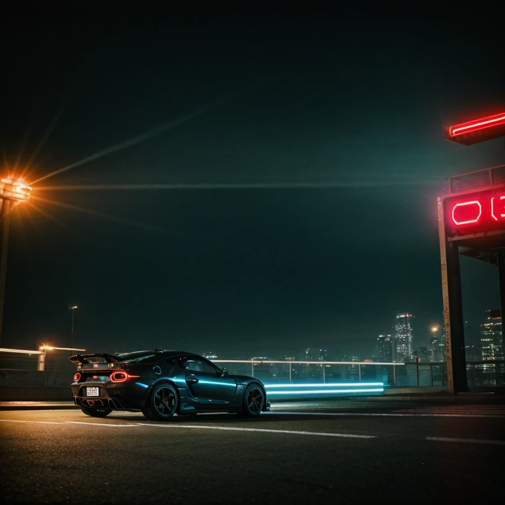 "Cover of the track drift phonk depicting a fast sports car drifting around a bend. The background is a futuristic city at night with neon lights and tall skyscrapers. There are reflections of lights on the street and smoke rising from under the wheels. The art style should be dynamic and neon, with intense colors and contrasts, conveying the energy and atmosphere of night driving. A slightly dystopian, cyberpunk atmosphere"