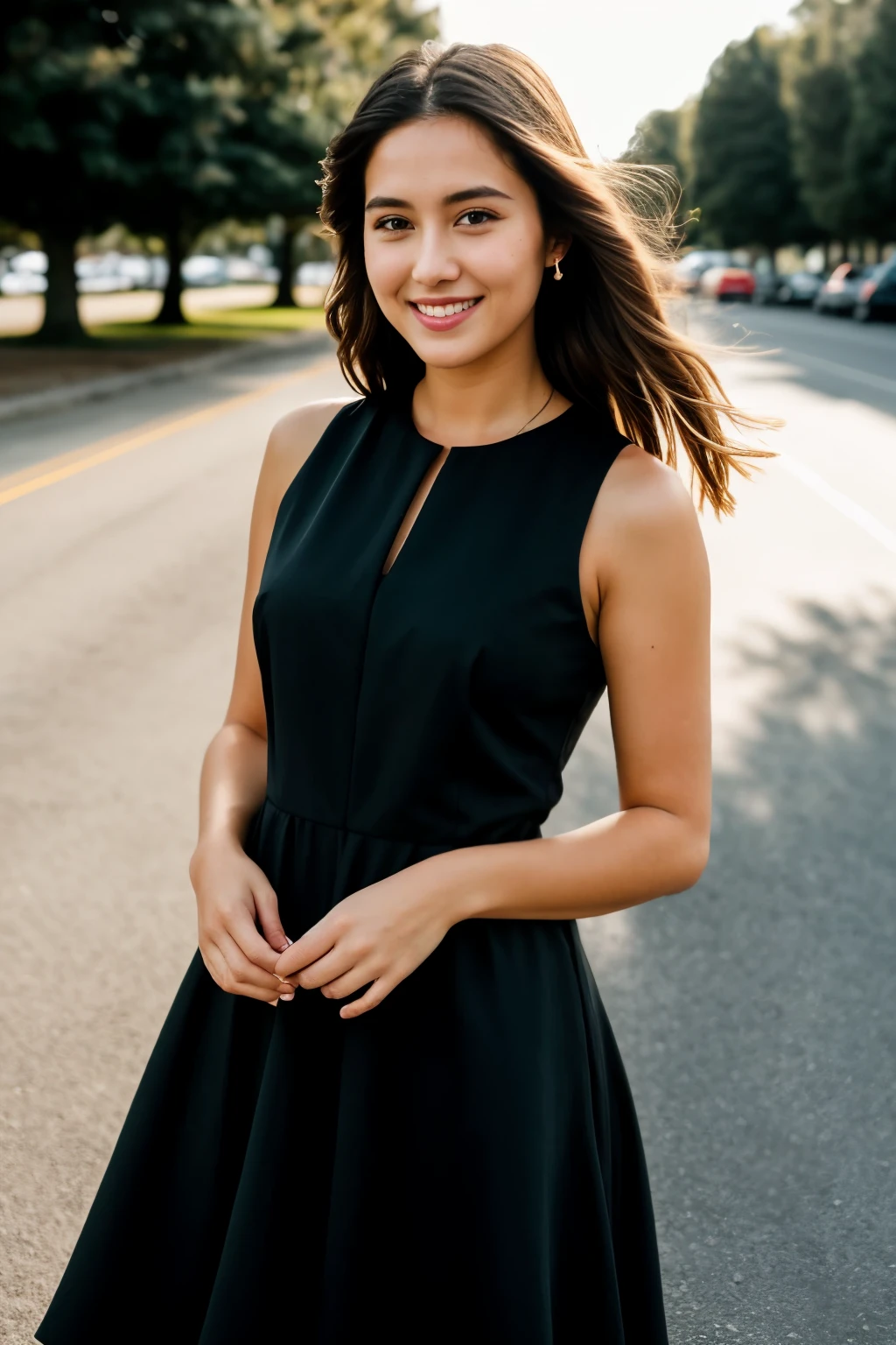 CRU photo, face portrait photo of 26 year old beautiful woman.oh woman, cute face, wearing black dress, happy face, hard shadows, cinematic shot, dramatic lighting, make it smoother, more real as if it were taken by a galaxy s24 cell phone