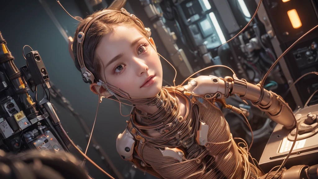 (((masterpiece))), (((Highest quality))), ((Super detailed)), (Detailed CG illustrations), ((Very delicate and beautiful)),(Delicate face is cute),Cinematic Light,((1. Mechanical Girl)),alone,Full Body Esbian,(Machine-made joints:1.4),((Mechanical Limbs)),(Blood vessels attached to tubes),((Mechanical vertebrae attached to the back)),((Mechanical cervical spine attached to the neck)),((Sitting)),Expressionless,(Wires and cables attached to head and body:1.5),(Character Focus),sf