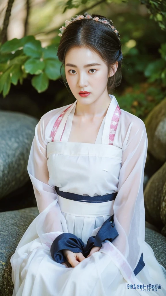 ((top quality, 8k, masterpiece: 1.3)), beauty. hidden face. body slim thin seductive. ((Queen's Mother. Korean royal empress)), very detailed lips, detailed eyes, double eyelid, face with makeup. lipstick. hair accessories, hair bun.
((Wet hanbok)),
long legs_whole body. sit down. on the rocks. at the edge of the waterfall