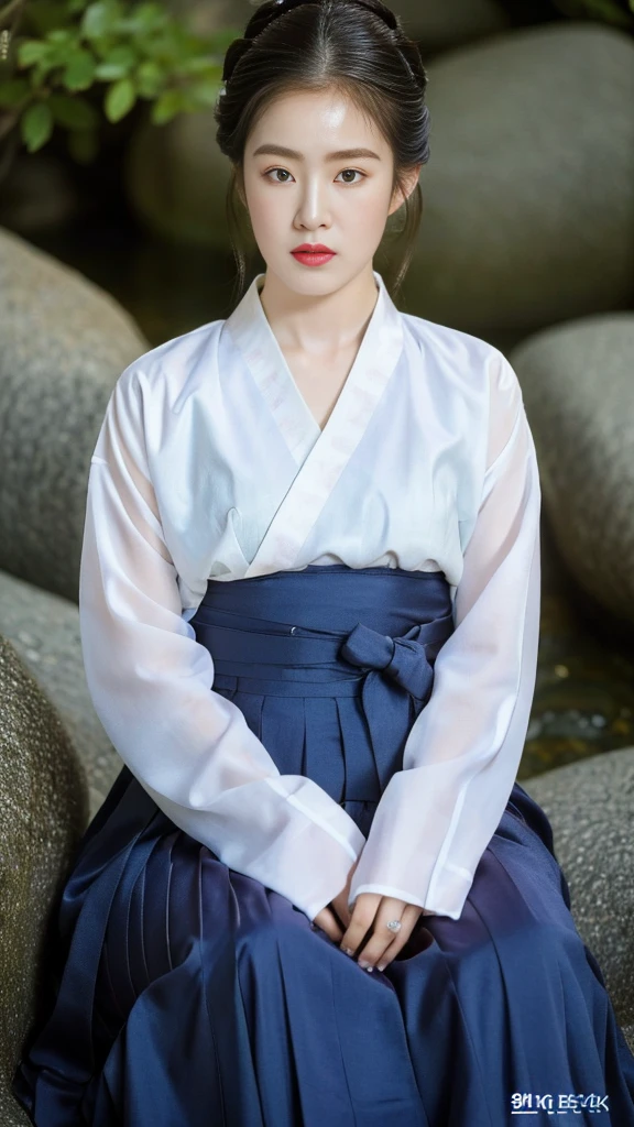 ((top quality, 8k, masterpiece: 1.3)),    beauty.   hidden face.     body slim thin seductive.  ((Queen's Mother. Korean royal empress)),     very detailed lips,     detailed eyes,     double eyelid,    face with makeup.    lipstick.     hair accessories,      hair bun.

((Wet hanbok)),

long legs_whole body.    sit down.     on the rocks.     at the edge of the waterfall