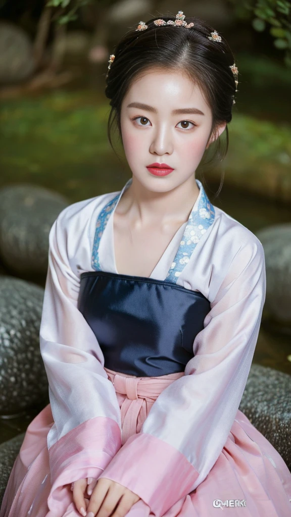 ((top quality, 8k, masterpiece: 1.3)),    beauty.   hidden face.     body slim thin seductive.  ((Queen's Mother. Korean royal empress)),     very detailed lips,     detailed eyes,     double eyelid,    face with makeup.    lipstick.     hair accessories,      hair bun.

((Wet hanbok)),

long legs_whole body.    sit down.     on the rocks.     at the edge of the waterfall