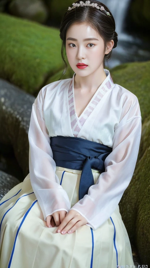 ((top quality, 8k, masterpiece: 1.3)),    beauty.   hidden face.     body slim thin seductive.  ((Queen's Mother. Korean royal empress)),     very detailed lips,     detailed eyes,     double eyelid,    face with makeup.    lipstick.     hair accessories,      hair bun.

((Wet hanbok)),

long legs_whole body.    sit down.     on the rocks.     at the edge of the waterfall