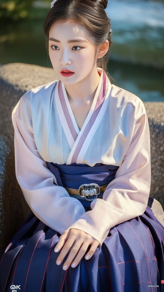 ((top quality, 8k, masterpiece: 1.3)), beauty. hidden face. body slim thin seductive. ((Queen's Mother. Korean royal empress)), very detailed lips, detailed eyes, double eyelid, face with makeup. lipstick. hair accessories, hair bun.
((Wet hanbok)),
long legs_whole body. sit down. on the rocks. at the edge of the waterfall