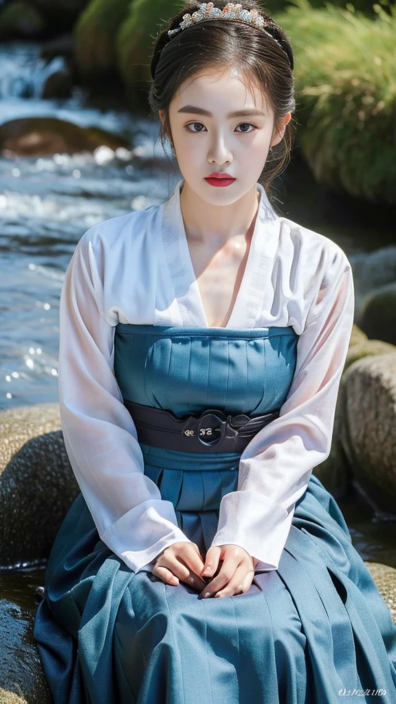 ((top quality, 8k, masterpiece: 1.3)), beauty. hidden face. body slim thin seductive. ((Queen's Mother. Korean royal empress)), very detailed lips, detailed eyes, double eyelid, face with makeup. lipstick. hair accessories, hair bun.
((Wet hanbok)),
long legs_whole body. sit down. on the rocks. at the edge of the waterfall