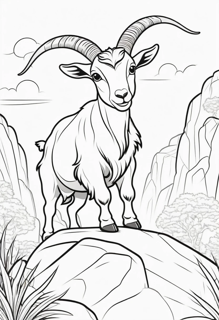 coloring page for kids, Goat climbing on a rock, cartoon style, thick lines