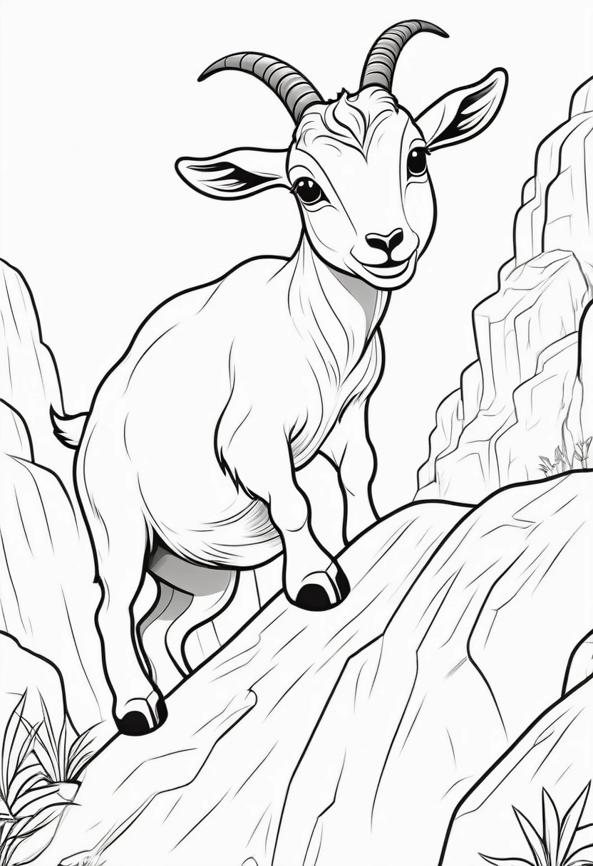 coloring page for kids, Goat climbing on a rock, cartoon style, thick lines