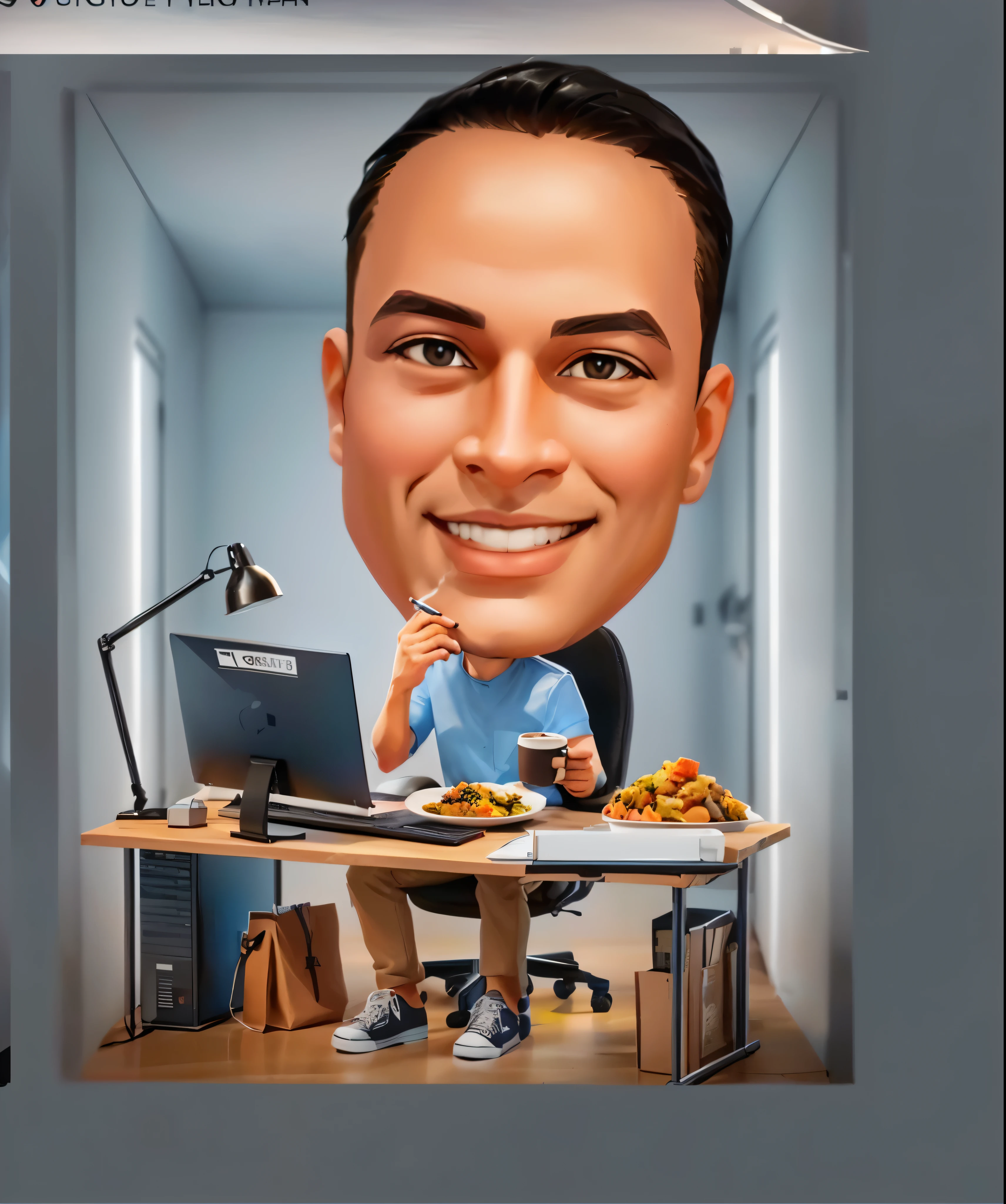 cartoon man sitting at a desk with a laptop and a plate of food,Holding a smoking cigarette and hot coffee, caricature illustration, caricature style, cartoon portrait, caricature!!!, cartoon digital painting, in cartoon style, nft portrait, digital art cartoon, cartoon digital art, digital cartoon painting art, detailed portrait, caricature, 3 d artist, for hire 3d artist, proffesional illustration