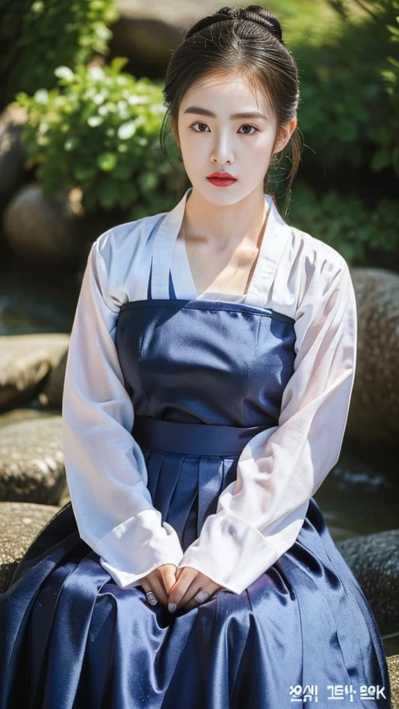 ((top quality, 8k, masterpiece: 1.3)),    beauty.   hidden face.     body slim thin seductive.  ((Queen's Mother. Korean royal empress)),     very detailed lips,     detailed eyes,     double eyelid,    face with makeup.    lipstick.     hair accessories,      hair bun.

((Wet hanbok)),

long legs_whole body.    sit down.     on the rocks.     at the edge of the waterfall