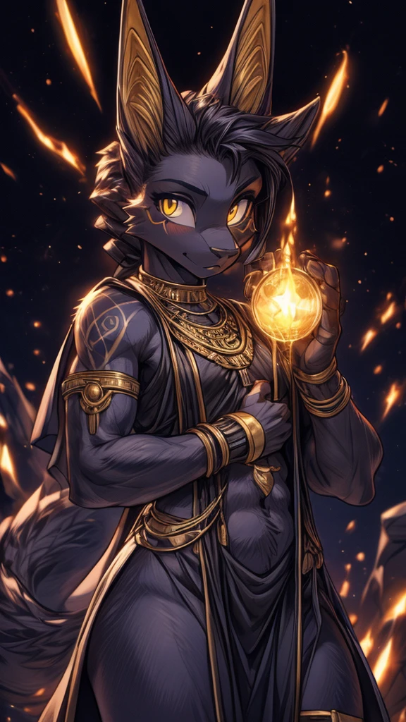 Masterpiece Best quality, the best definition to add aesthetic and lighting details Black girl jackal, egiptian clothes, teen girl, ,black body, ( the best definition in the body, good attributes, styled body, slanted eyes, sensual look) egipt landscape, golden tattoo body, sensual eyes, yellow pupil, he has 2 daggers in his hands, 4 machoke style arms