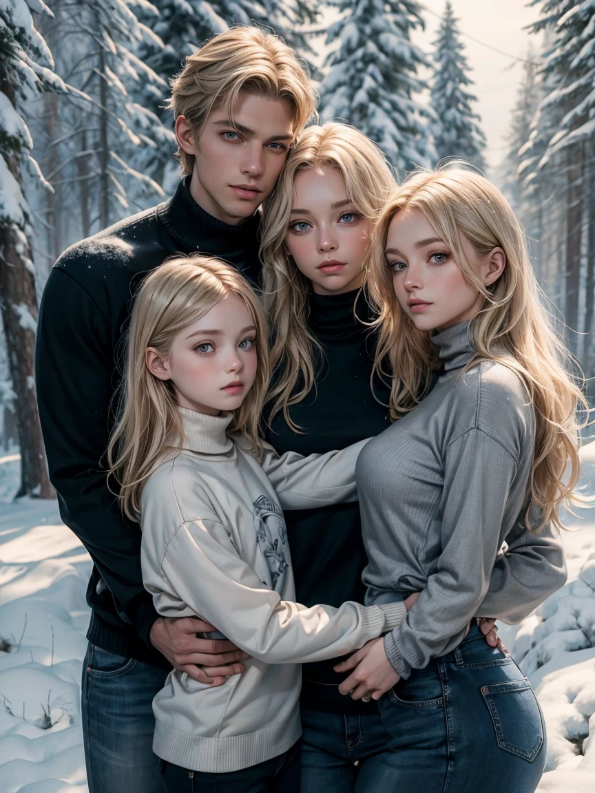 Couple, 1 wavy blonde hair girl, ung blonde boy fantasy thief, no bangs, grey eyes. Turtleneck jumper and jeans. black t shirt and jeans, height different, detailed eyes, eyes contact, face, hand. They look at the viewer. They hug. with snow. Full figure. Background snow forest, couple