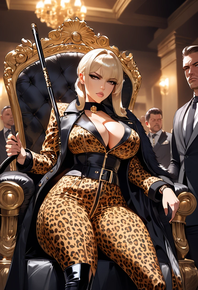Femdom pretty ponytail girl with huge breast, upper class, luxury, triad female leader, Known for her impeccable fashion sense and elegant demeanor, she is a true embodiment of the Versace brand. Her body language is as captivating as her style dressed leopard print rubber trench coat with (((dramatic high coat collar))), leather pants, overknee boots, elegant sit on big throne, holding a whip, in basement, surrounded by naked men