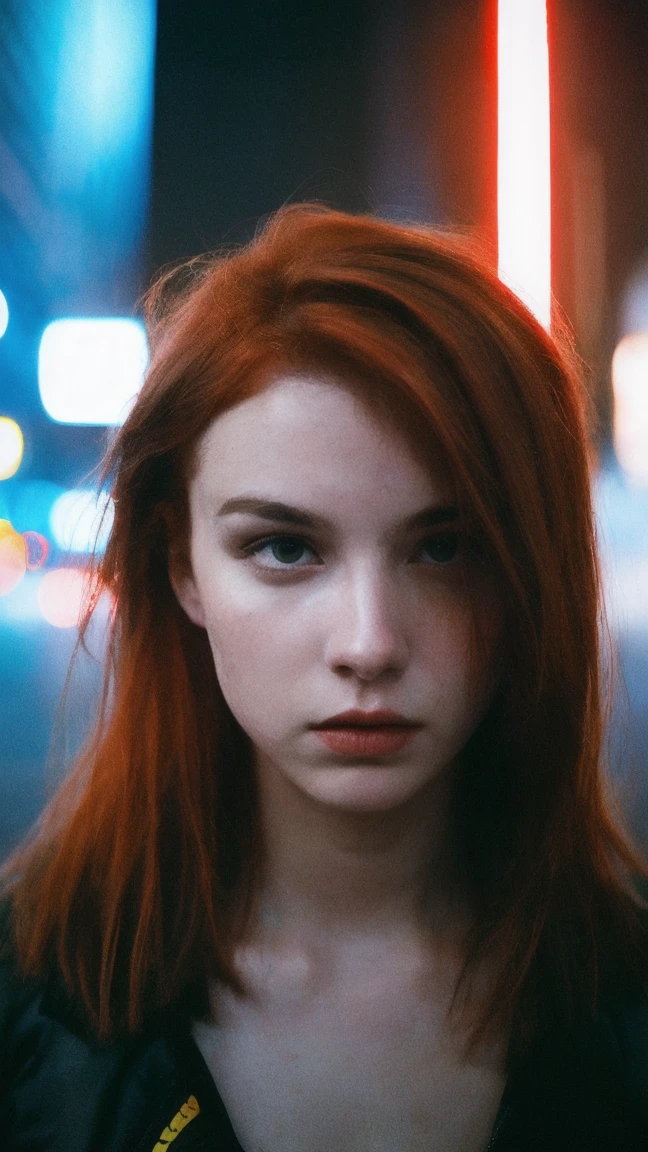 cinematic film, Realistic photograph,
Best quality, Raw photo, face portrait, a young cyborg woman with fiery red hair. Her face fills the frame, bathed in neon hues, exuding determination and mystery amidst a futuristic backdrop, Fujicolor Pro 400H, L USM
,shallow depth of field, vignette, highly detailed, high budget, bokeh, cinemascope, moody, epic, gorgeous, film grain, grainy,