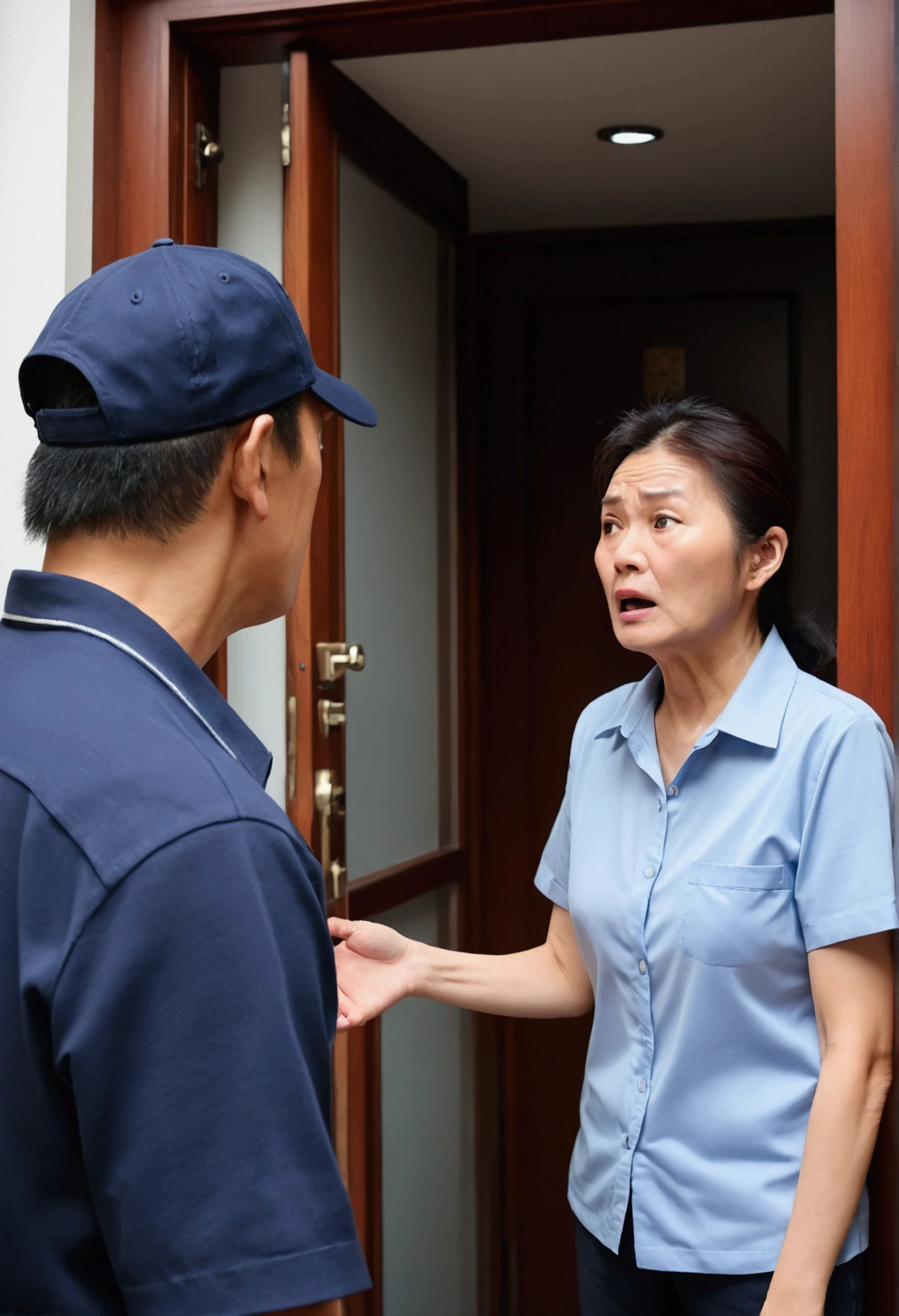 Delivery man gets angry at middle-aged woman、entrance、apartment、Highest quality、photo、Troubled delivery person