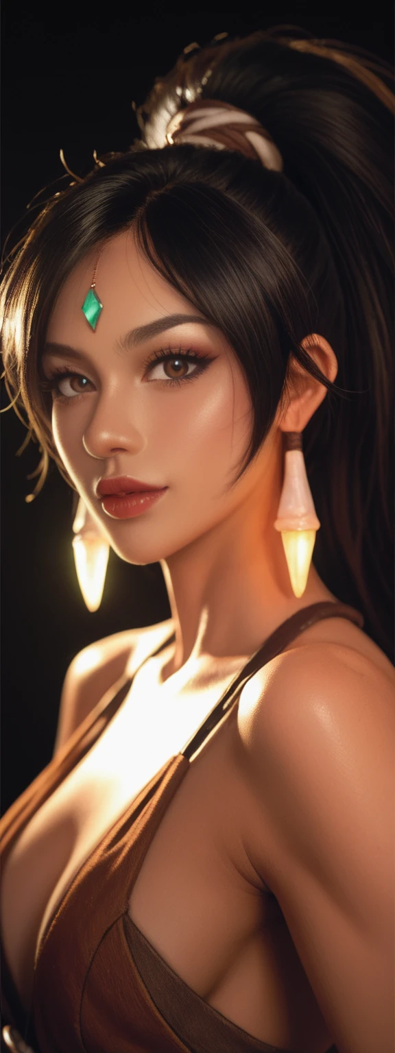 realistic, score_9, score_8_up, score_7_up, score_6_up,
1girl, solo, from front, upper body, Nidalee \(league of legends\), black background, makeup, sidelighting, backlighting, glowing,