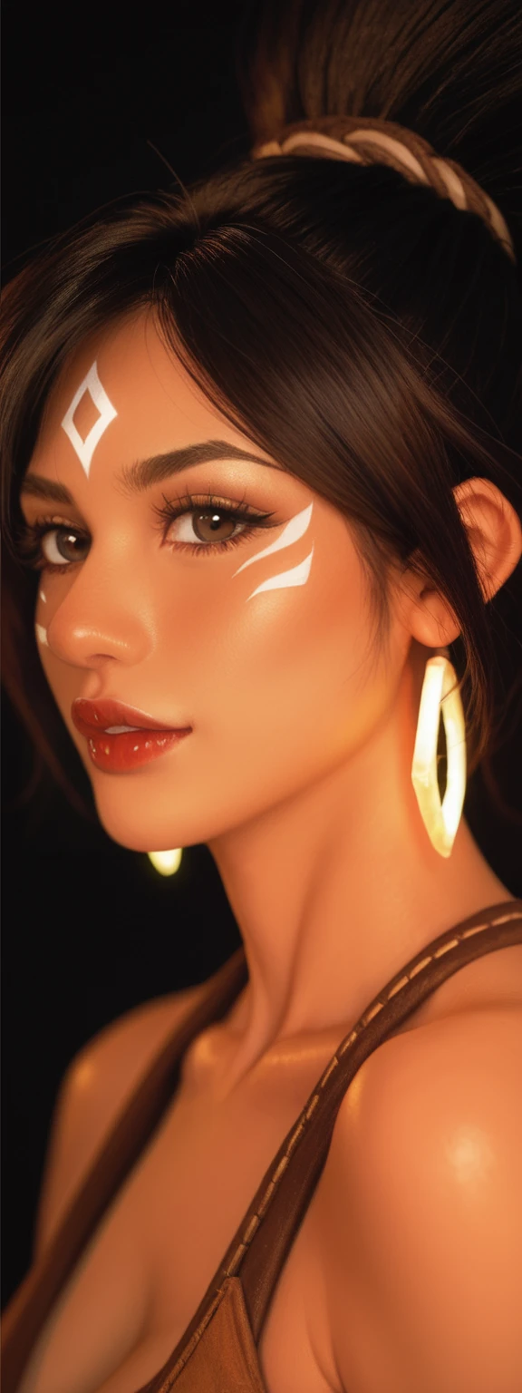 realistic, score_9, score_8_up, score_7_up, score_6_up, 
1girl, solo, from front, upper body, Nidalee \(league of legends\),  black background, makeup, sidelighting, backlighting, glowing,