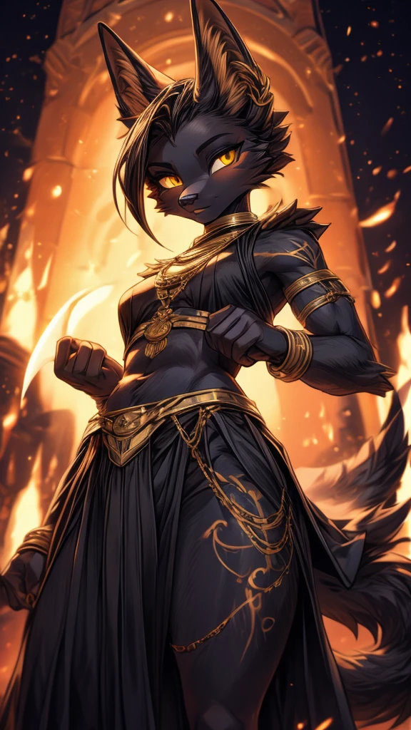 Masterpiece Best quality, the best definition to add aesthetic and lighting details Black girl jackal, egiptian clothes, teen girl, ,black body, ( the best definition in the body, good attributes, styled body, slanted eyes, sensual look) egipt landscape, golden tattoo body, sensual eyes, yellow pupil, He has 2 kunai in his hands, battle pose