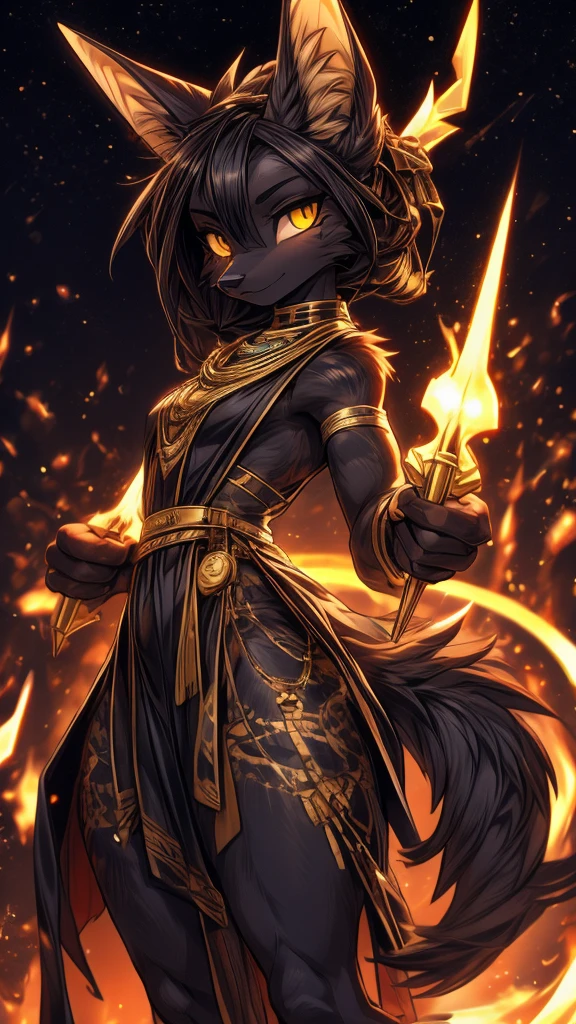 Masterpiece Best quality, the best definition to add aesthetic and lighting details Black girl jackal, egiptian clothes, teen girl, ,black body, ( the best definition in the body, good attributes, styled body, slanted eyes, sensual look) egipt landscape, golden tattoo body, sensual eyes, yellow pupil, He has 2 kunai in his hands, battle pose 