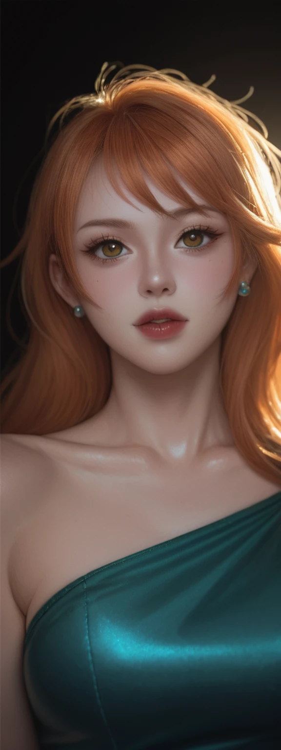 realistic, score_9, score_8_up, score_7_up, score_6_up,
1girl, solo, from front, upper body, Nami \(league of legends\), black background, makeup, sidelighting, backlighting, glowing,