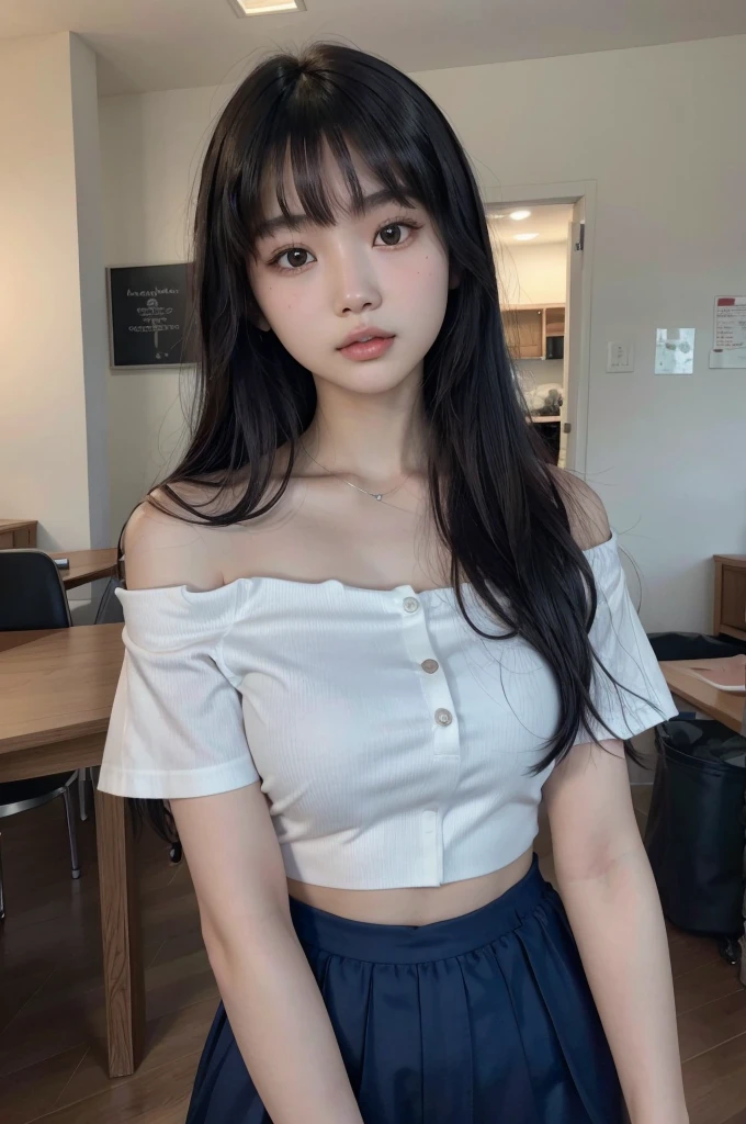 arafed asian woman with a white shirt and blue shorts, lalisa manobal, 18 years old, young cute wan asian face, with bangs, gemma chan beautiful girl, 1 8 yo, gorgeous chinese model, gorgeous young korean woman, beautiful asian girl, ayami koj ima, instagram model, neat hair with bangs, young asian girl