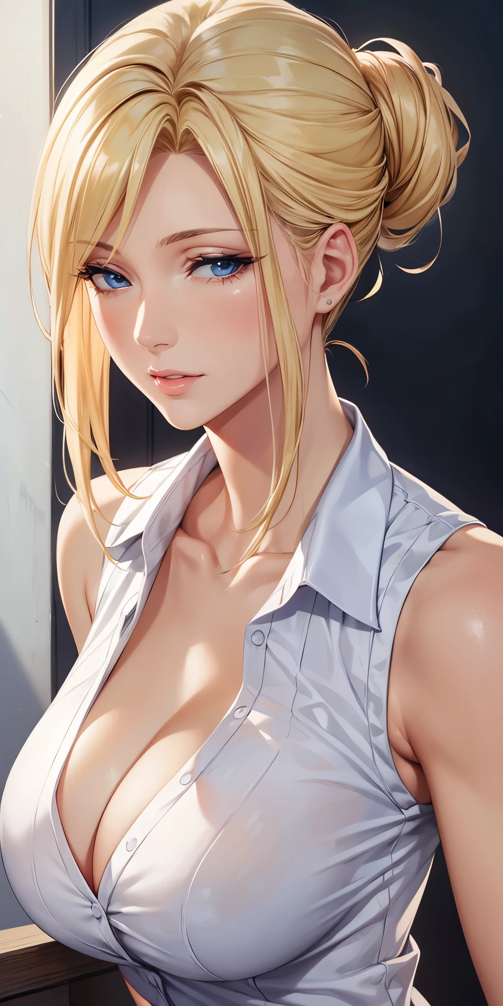 Elegant mature woman, milf, blue eyes, blonde hair, soft light, 4k resolution, high quality, beautiful cg