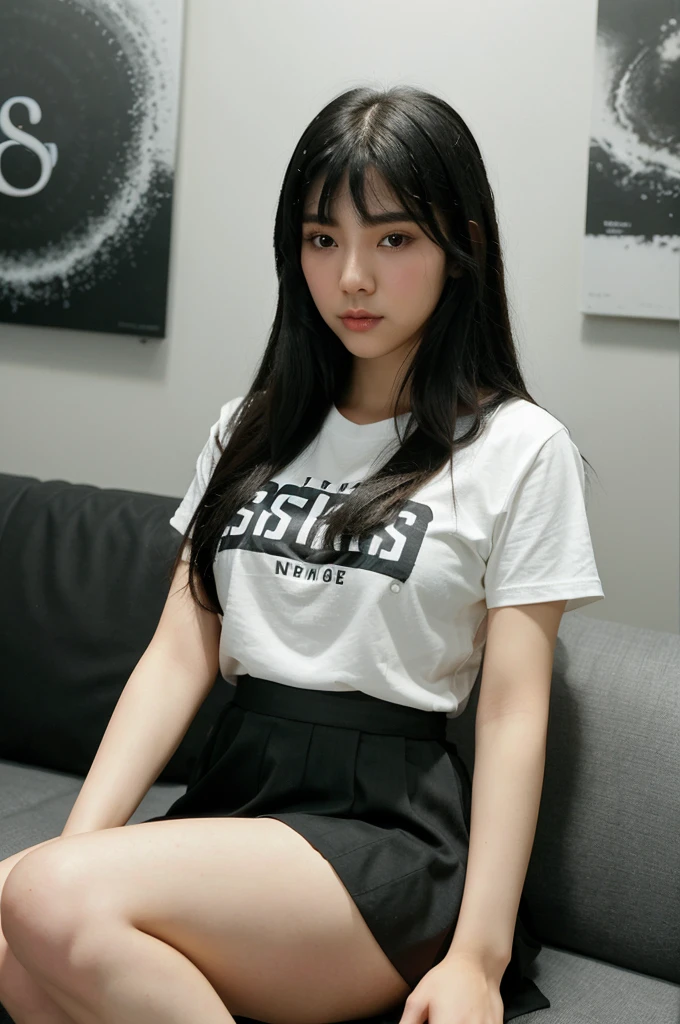 Create a detailed, full-length 3D animation portrait for me based on my description. My personal characteristics are 16year-old  korean female with long black hair with bangs , deep doe eyes, with doe makeup  kpop makeup clear white skin tone, and wearing tshirt and skirt. I am sitting on a couch with a idol poselike kpop .Use a shot capture me .serene and beautiful. 3D. digital art. High definition, high contrast, high color saturation. dynamic lighting, intricate detail, cinematic. 3D cartoon studio.