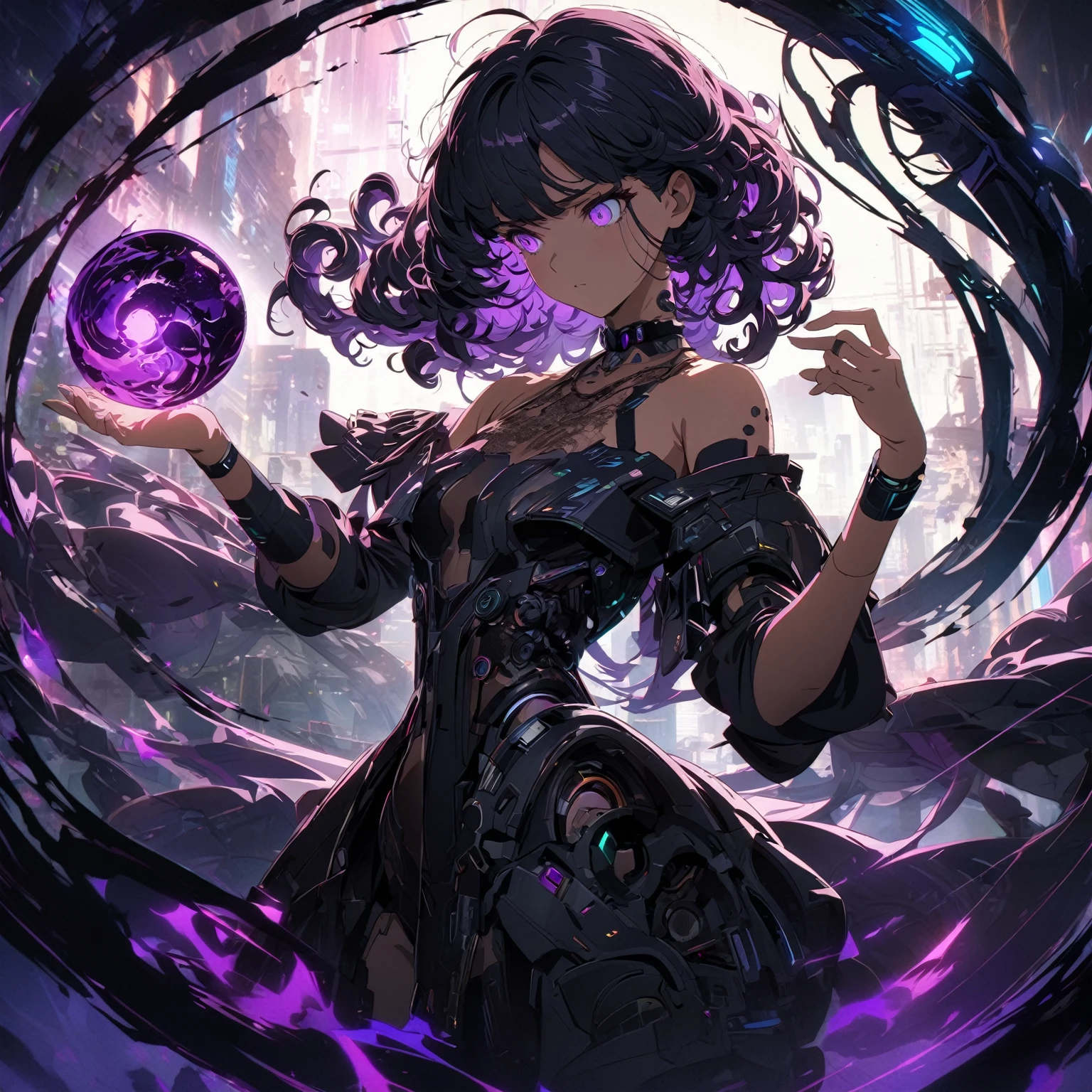 A young woman with dark, curly hair, wearing a black, off-shoulder dress with lace and intricate details, (nude:0.9), a choker necklace, elements of cyberpunk, and sci-fi fashion, mechanical details, futuristic outfit, high-tech fashion, standing in a mysterious environment with a glowing, swirling purple and black aura, holding a glowing purple orb in her left hand, with energy swirling around her, casting dramatic shadows, and a soft backlight illuminating her figure, detailed gorgeous face| anime style| key visual| intricate detail| highly detailed| breathtaking| vibrant| panoramic| cinematic| Carne Griffiths| Conrad Roset| gibbli 8k