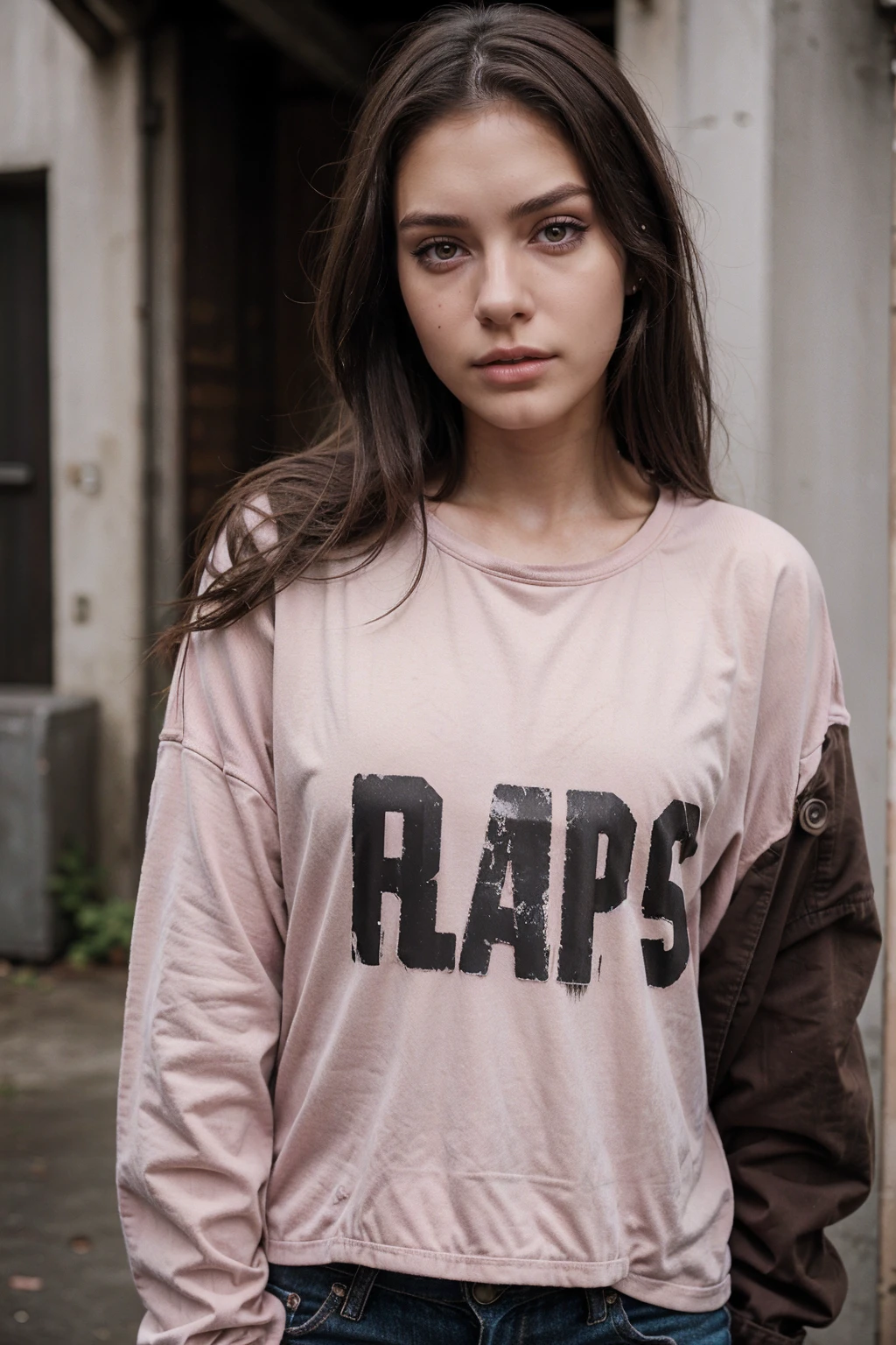 Realistic photo, 1girl, 18 years old, model appearance, dark brown hair with pink Strand, grunge makeup, casual clothes 