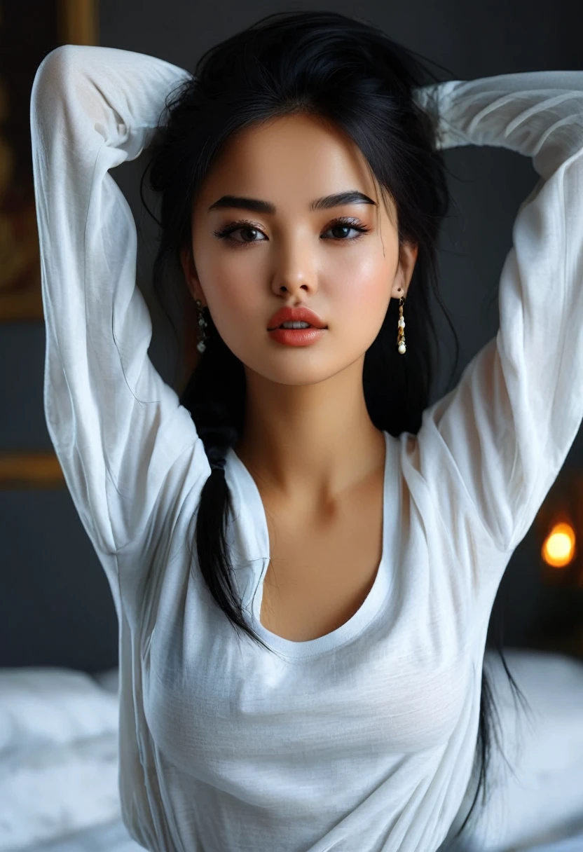 portrait photo beauty Uzbek girl, ((Best quality, 8k, Masterpiece :1.3)), 1girl, beautiful woman, (casual hairstyle,), casual wear: 1.2, interior, ultra-detailed face, deep black eyes, double eyelids, Russian, black hair, black eyes,open armpit on bed , looking at viewer,