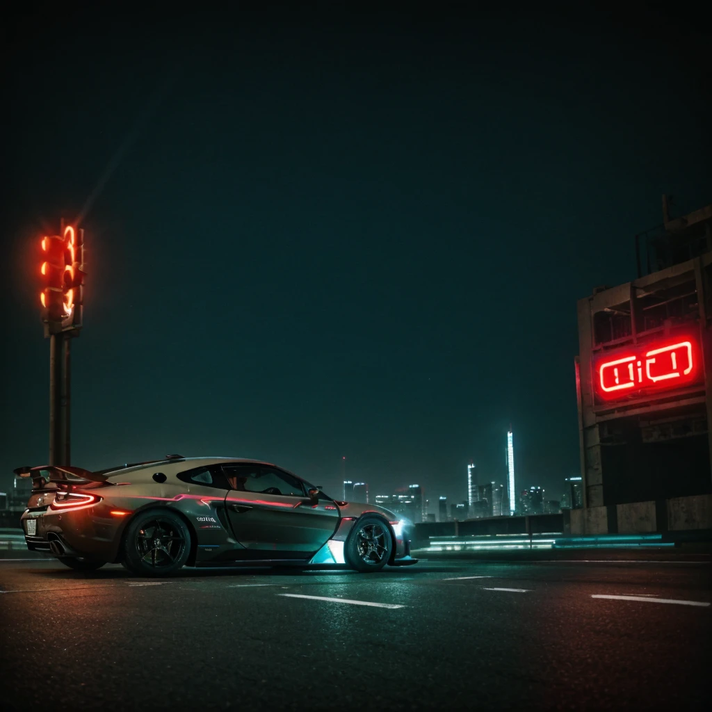 "Cover of the track drift phonk depicting a fast sports car drifting around a bend. The background is a futuristic city at night with neon lights and tall skyscrapers. There are reflections of lights on the street and smoke rising from under the wheels. The art style should be dynamic and neon, with intense colors and contrasts, conveying the energy and atmosphere of night driving. A slightly dystopian, cyberpunk atmosphere, maximum realism"