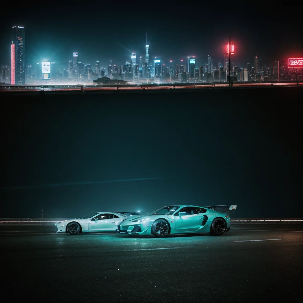 "Cover of the track drift phonk depicting a fast sports car drifting around a bend. The background is a futuristic city at night with neon lights and tall skyscrapers. There are reflections of lights on the street and smoke rising from under the wheels. The art style should be dynamic and neon, with intense colors and contrasts, conveying the energy and atmosphere of night driving. A slightly dystopian, cyberpunk atmosphere, maximum realism"