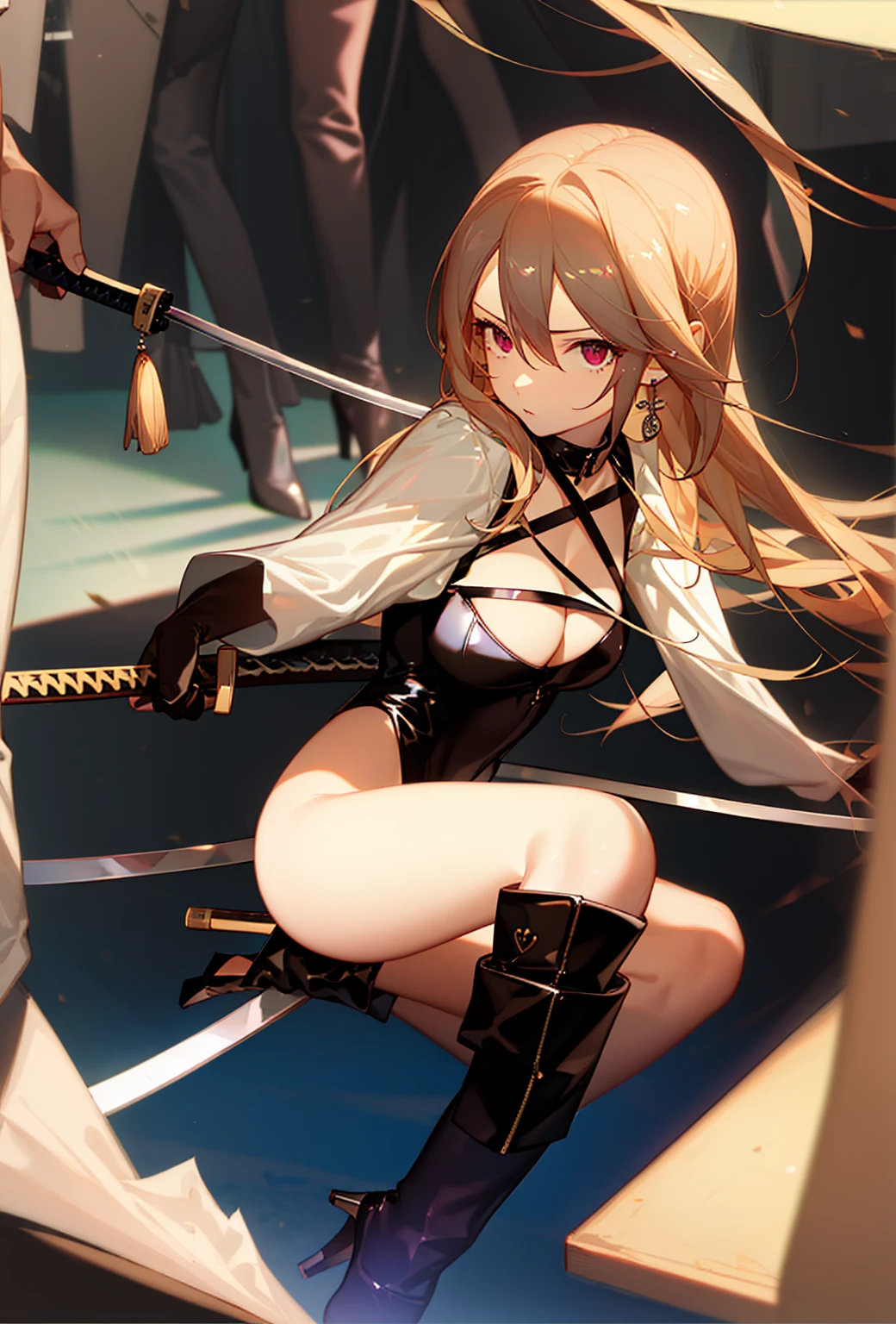 1girl,solo,masterpiece,high quality,highres,best quality,detailed,dnfspectre,black leotard,breasts,pantyhose,black gloves,earrings,jewelry,cleavage,looking at viewer,sunglasses,holding,leotard,high heel boots,katana,