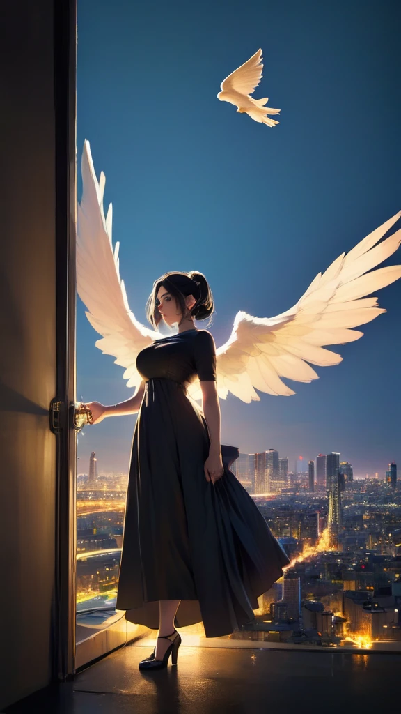 This image depicts an angel woman hovering over a city at night. The city lights create a golden and dramatic atmosphere, while its delicate presence and dark wings contrast with the urban environment. The woman seems protective and vigilant.