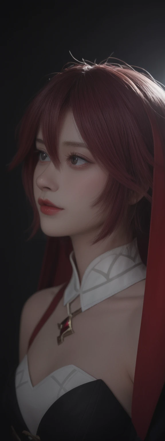 realistic, score_9, score_8_up, score_7_up, score_6_up,
1girl, solo, from front, upper body, Rosaria \(genshin impact\), black background, makeup, sidelighting, backlighting, glowing,