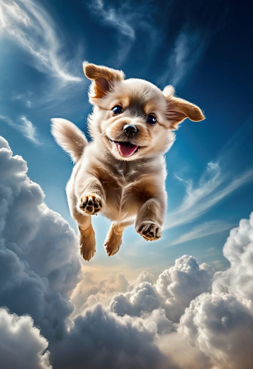 (Flying Puppy made of clouds), motion blur, full body, award-winning, cinematic still, emotional, vignette, dynamic, vivid, (masterpiece, best quality, Professional, perfect composition, very aesthetic, absurdres, ultra-detailed, intricate details:1.3)