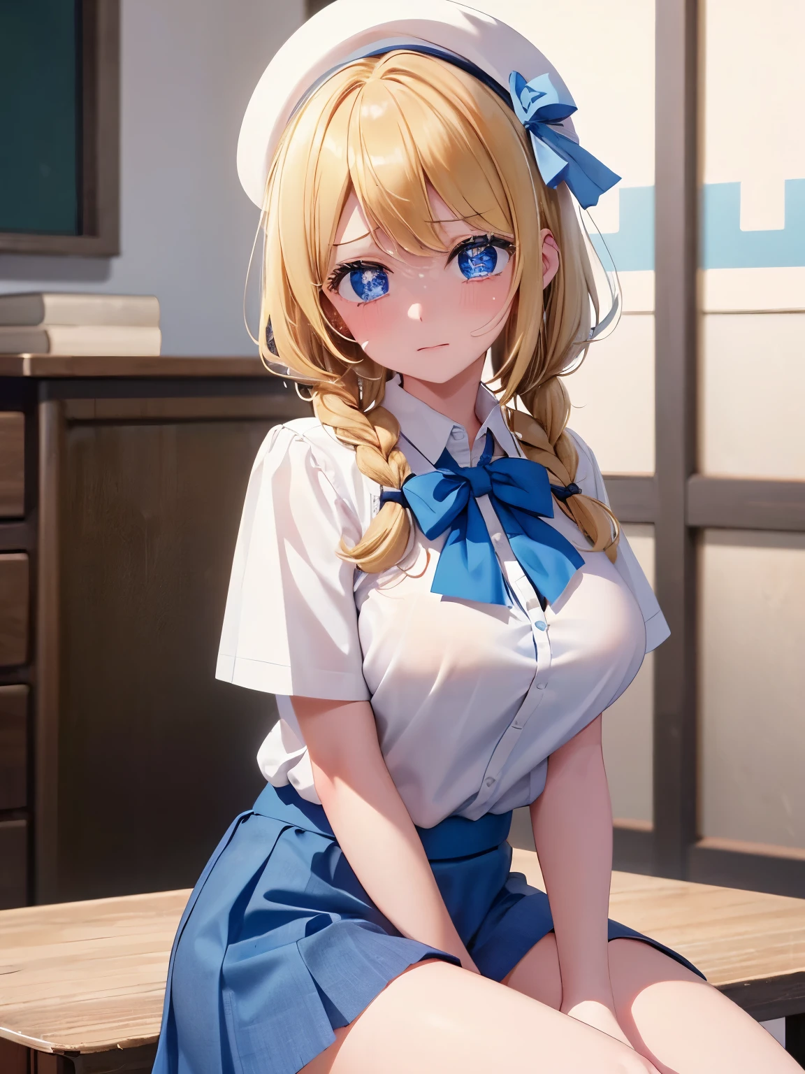 1girl,8 years old,Sit, hold your chest, cry,,Tears come out,blue eyes, big breasts,Blonde hair,blonde hair,bangs,,Short shirt, white shirt, blue short skirt, blue bow tie,,blue School hat ,two braids,,ultra detail,ultra Hd, masterpiece,4k