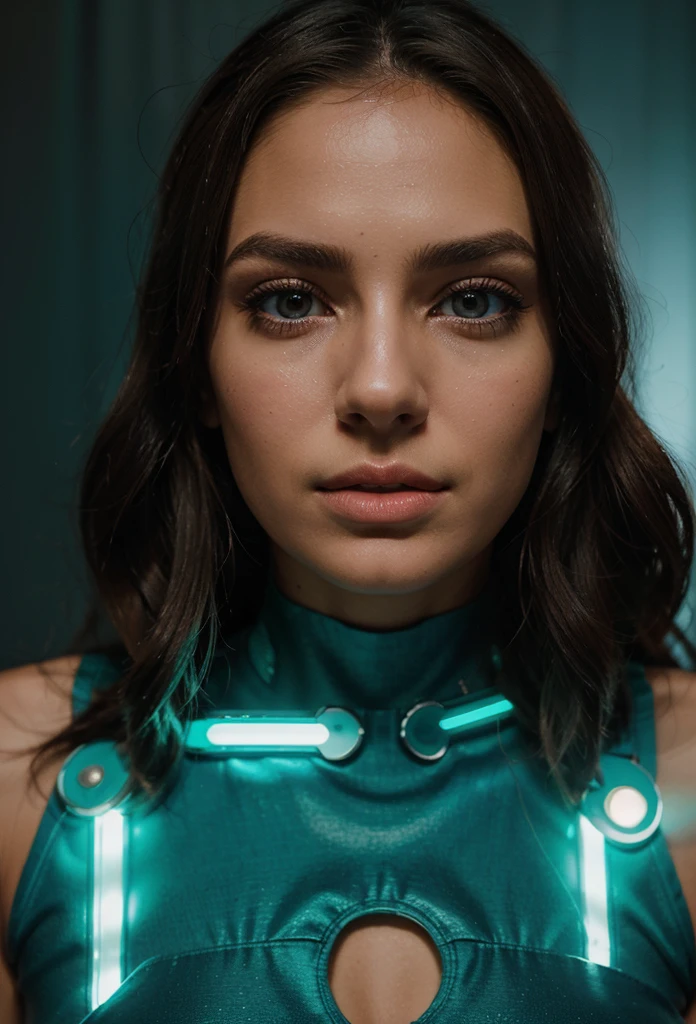 "Portrait of a beautiful woman with large, perfectly defined hazel eyes. His face is illuminated by the light of turquoise neon numbers that partially cover him, creating a futuristic and mysterious effect. Your skin is smooth and luminous, highlighting the beauty of your features. Her lips, thick and sensual, they are slightly broken, adding a touch of realism and character. The illumination of the neon numbers creates soft shadows that emphasize the bone structure of your face, giving it an ethereal and captivating appearance."