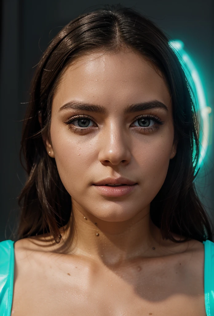 "Portrait of a beautiful woman with large, perfectly defined hazel eyes. His face is illuminated by the light of turquoise neon numbers that partially cover him, creating a futuristic and mysterious effect. Your skin is smooth and luminous, highlighting the beauty of your features. Her lips, thick and sensual, they are slightly broken, adding a touch of realism and character. The illumination of the neon numbers creates soft shadows that emphasize the bone structure of your face, giving it an ethereal and captivating appearance."