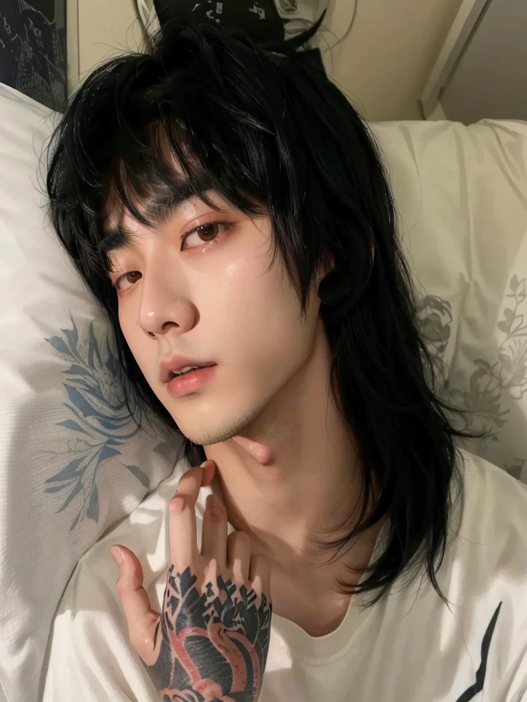arafed asian man with a tattoo on his arm and hand, Jinyoung Shin, Cai Xu Kun, janice sung, the hime cut, sometimes ulzzang, Sui Ishida with black hair, jinyoung blackhead aesthetic, steven jung, TaeJune Kim, delicate androgynous prince, hong june hyung, Hyung Tae, 1 7 year old boy with thin face bts jungkook