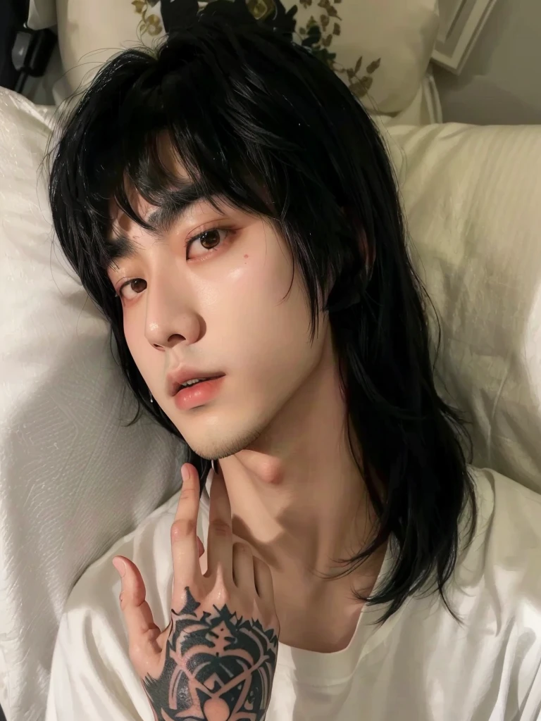 arafed asian man with a tattoo on his arm and hand, Jinyoung Shin, Cai Xu Kun, janice sung, the hime cut, sometimes ulzzang, Sui Ishida with black hair, jinyoung blackhead aesthetic, steven jung, TaeJune Kim, delicate androgynous prince, hong june hyung, Hyung Tae, 1 7 year old boy with thin face bts jungkook