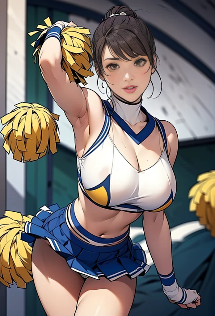 (masterpiece, Highest quality:1.2), One Girl, alone, whole body, Big Breasts,, Brown Hair,Big Breasts, Brown eyes, Mature Woman, ((Character design sheet)),((rough sketch)),((Vulgar)),Thick thighs,One Girl,(Current cheerleading style in yellow, navy and white:1.5), (mini skirt:1.1), ((Peeking up a skirt)), ((A skirt flipped up by the wind)), ((Not wearing panties)), ((No underwear)), ((Strong wind from the front)), Sports top with exposed center, Please raise your hand, Holding an orange pom-pom, Jumping,pubic hair,
