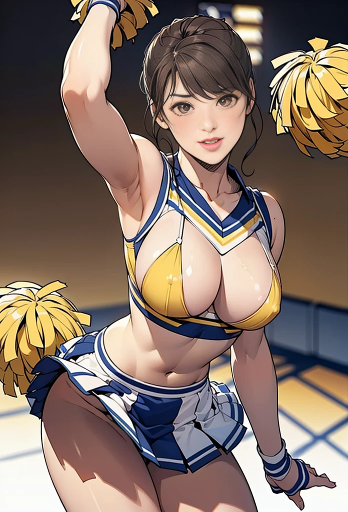 (masterpiece, Highest quality:1.2), One Girl, alone, whole body, Big Breasts,, Brown Hair,Big Breasts, Brown eyes, Mature Woman, ((Character design sheet)),((rough sketch)),((Vulgar)),Thick thighs,One Girl,(Current cheerleading style in yellow, navy and white:1.5), (mini skirt:1.1), ((Peeking up a skirt)), ((A skirt flipped up by the wind)), ((Not wearing panties)), ((No underwear)), ((Strong wind from the front)), Sports top with exposed center, Please raise your hand, Holding an orange pom-pom, Jumping,pubic hair,