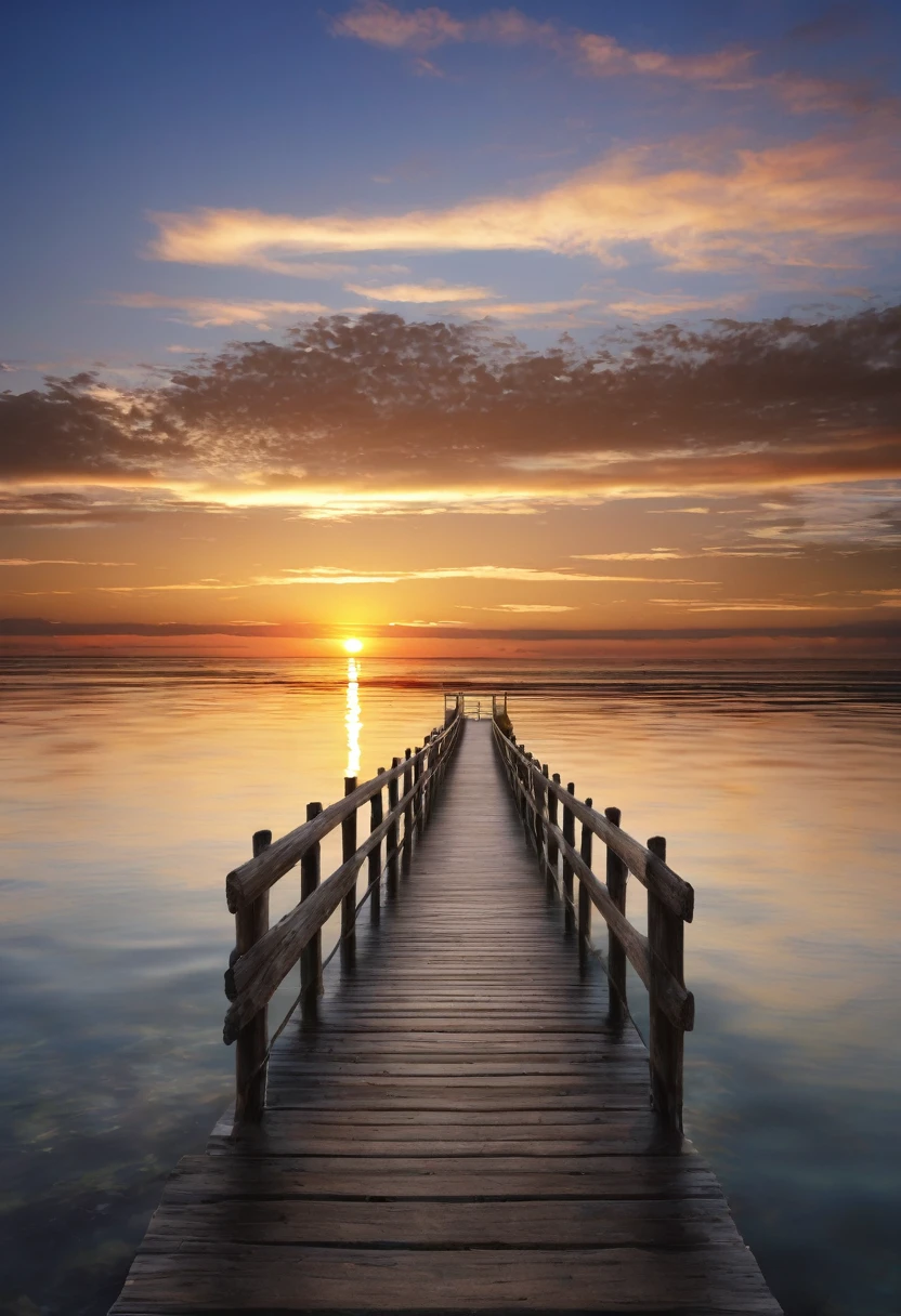 sea, sunset, a wooden bridge going into the water, landscape