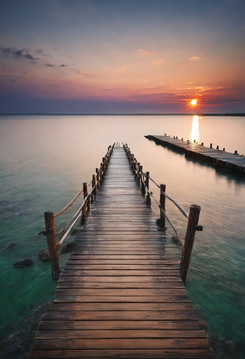 sea, sunset, a wooden bridge going into the water, landscape