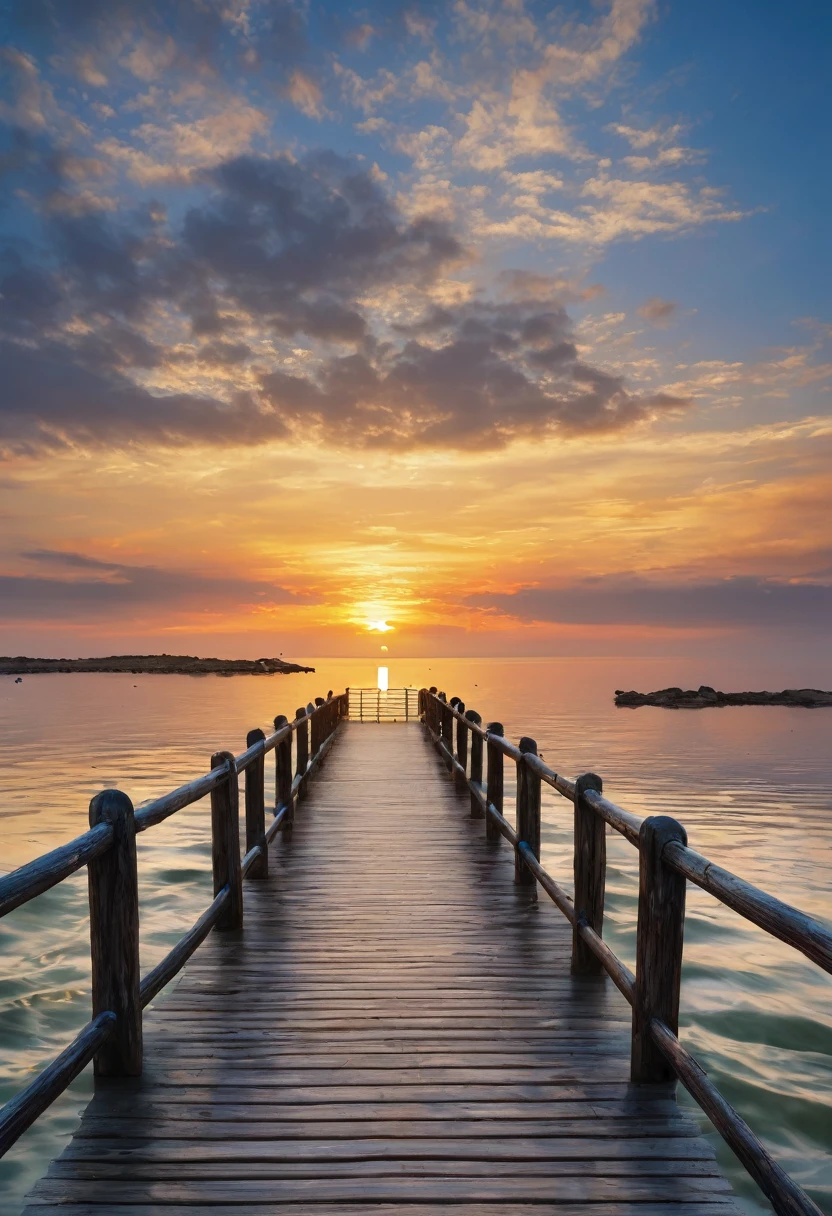 sea, sunset, a wooden bridge going into the water, landscape