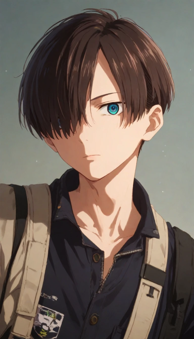 check_9, check_8_up, check_7_up, source_anime, rating_safe, complex parts, (realistic:0.6), I look at the viewer, , depth of field, 1 boy, One, male focus, Kyotaro_Itikawa, Brown hair, Blue eyes, short hair, hair over one eye, bang, ,, Science fiction, тяжелая Science fiction, , 