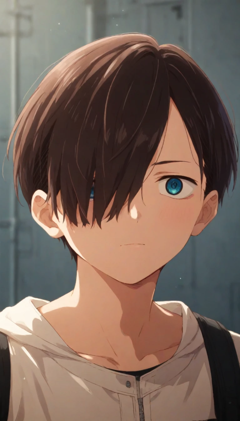 check_9, check_8_up, check_7_up, source_anime, rating_safe, complex parts, (realistic:0.6), I look at the viewer, , depth of field, 1 boy, One, male focus, Kyotaro_Itikawa, Brown hair, Blue eyes, short hair, hair over one eye, bang, ,, Science fiction, тяжелая Science fiction, , 